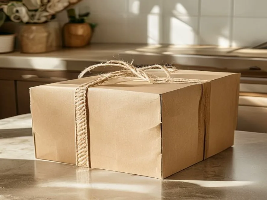Brown cardboard grocery box wrapped with twine on a kitchen counter