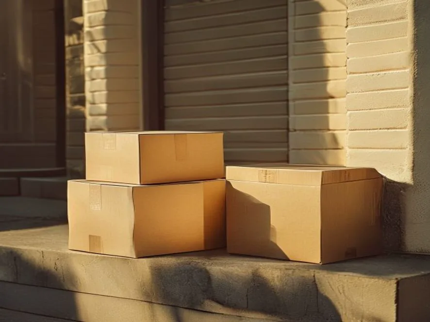 Cardboard grocery delivery boxes on a doorstep at golden hour