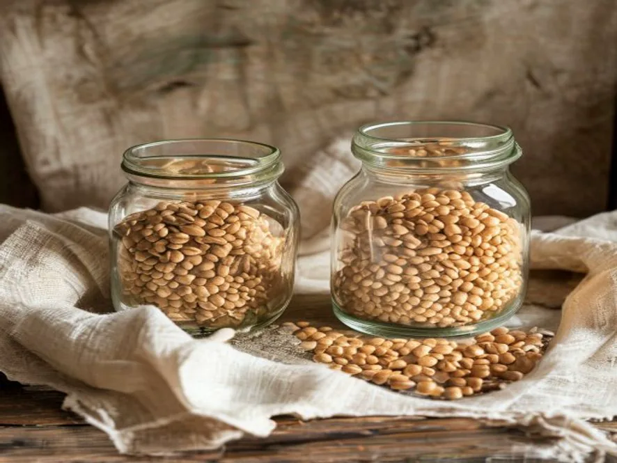 Lentils spilling from glass jars onto a linen towel