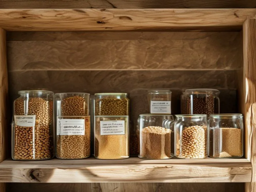 Glass jars of grains and legumes on a wooden pantry shelf