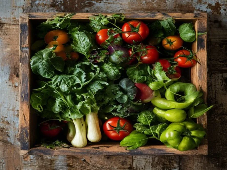Wooden crate of fresh vegetables, top-down view