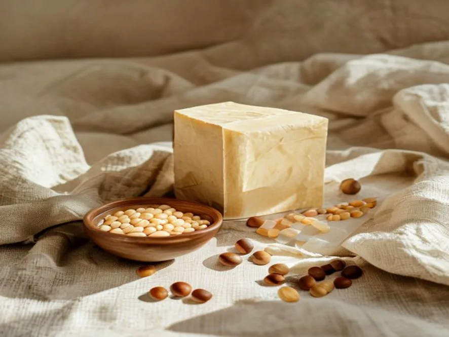 Paper-wrapped block of butter and a bowl of dried beans on linen